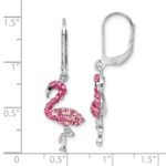 Sterling Silver Rhodium-plated Polished Pink Crystal Flamingo Leverback Earrings - Image 5