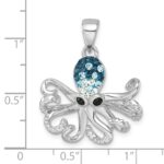 Sterling Silver Rhodium-plated Polished Blue Crystal Octopus Pendant - Image 5