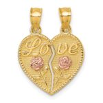 14k Two-tone Polished Break-Apart Heart With LOVE And Roses Pendant