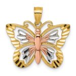 14k Two-tone with White Rhodium Diamond-cut Polished Cut-out Butterfly Pendant