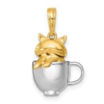 14k with White Rhodium Polished 3-D Cat In Mug Charm