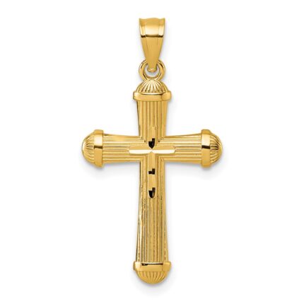 14k Polished and Diamond-cut Grooved Hollow Back Cross Pendant