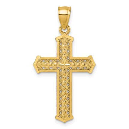 14k Polished Diamond-cut Textured Fancy Pierced Design Cross Pendant