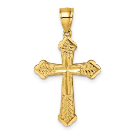 14k Polished Diamond-cut Textured Fancy Budded Cross Pendant