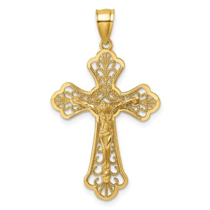 14k Polished Diamond-cut Fleur de Lis Filigree Fancy Crucifix Pendant