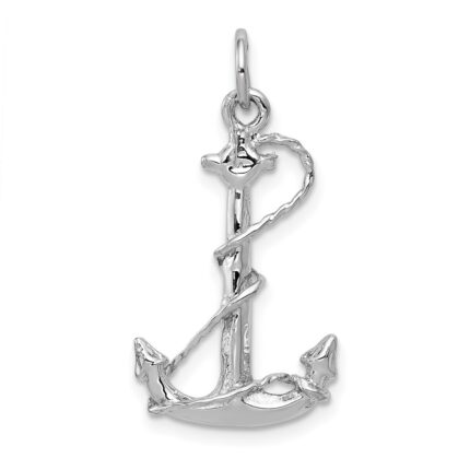 14K White Gold Solid Polished 3-D Anchor with Rope Charm