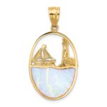 14K Lab Created Opal Lighthouse and Sailboat Pendant - Image 3