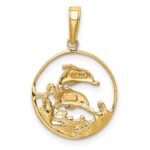 14K and White Rhodium Double Dolphins In Circle Pendant - Image 4