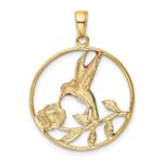 14K Enameled Hummingbird and Flower in Circle Pendant - Image 3