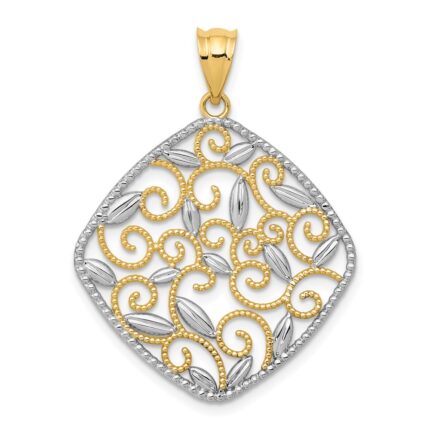 14K and White Rhodium Diamond-Cut Filigree Swirl Pendant