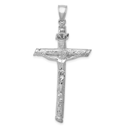 14k White Gold Textured Tree INRI Crucifix Pendant