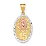 14K Two-tone with White Rhodium Solid Our Lady of Guadalupe 15 Oval Pendant