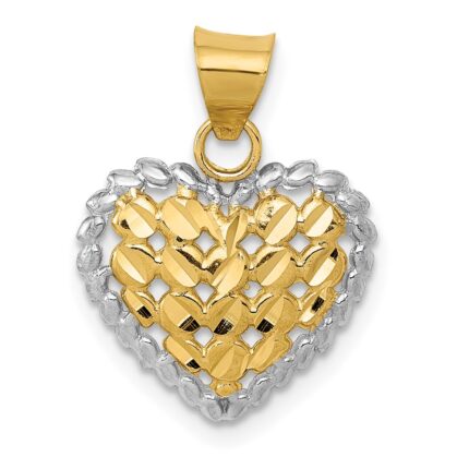 14K and White Rhodium Polished Diamond-cut Heart Pendant