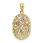 14k Yellow and Rose Gold with White Rhodium Oval 3 Rose Pendant - Image 3
