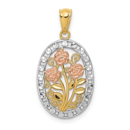 14k Yellow and Rose Gold with White Rhodium Oval 3 Rose Pendant