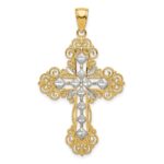 14K and White Rhodium Polished Textured Diamond-Pattern Cross Pendant