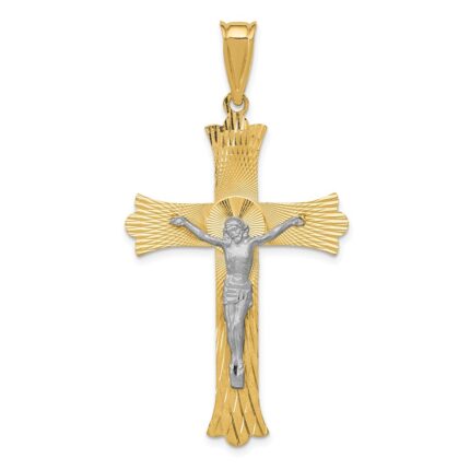 14k Two-Tone Polished Satin Diamond-cut Crucifix Cross Pendant