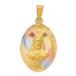 14K with Rose and White Rhodium Diamond-cut Solid Large Sagrado Corazon de Jesus Oval Pendant
