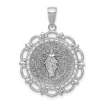 14K White Gold Polished Solid Large Miraculous Medal With Scallop Frame Round Pendant