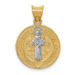 14k and White Rhodium Solid St. Benedict Medal Round Pendant