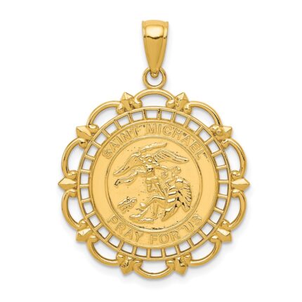 14k Polished Solid St. Michael Medal Scalloped Edge Round Pendant