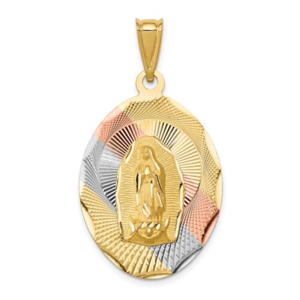 14K with Rose and White Rhodium Diamond-cut Solid Large Our Lady Of Guadalupe Oval Pendant