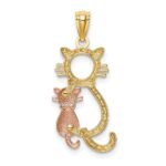 14k Two-tone Polished Diamond-cut Big and Little Sitting Cats Pendant - Image 3