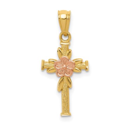 14K Two-tone Polished Diamond-cut Cross with Flower Pendant