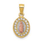 14K Two-Tone with White Rhodium Diamond-cut CZ Our Lady of Guadalupe Oval Pendant