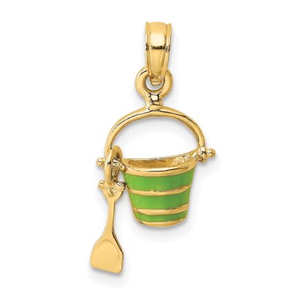 14K 2-D Green Enameled Beach Bucket with Moveable Shovel Charm