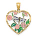 14K Enamel Dragonfly and Flower in Heart Charm