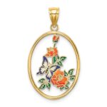 14K Enameled White Butterfly In Oval with Orange Flowers Charm