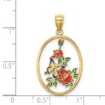14K Enameled Yellow Butterfly in Oval Red Flowers Charm - Image 3