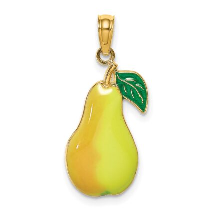 14K Yellow and Green Enameled Pear With Stem and Leaf Charm