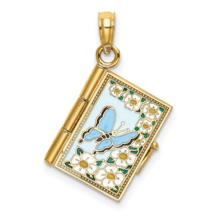 14K 3-D Multi-color Enamel Butterfly Ecclesiastes 3:1 Book with Moveable Pages Pendant