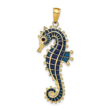 14K 3-D Blue Enameled Seahorse Pendant
