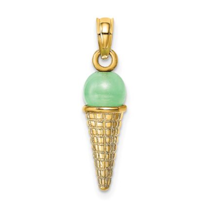 14K Satin Polished 3-D Green Bead Ice Cream Cone Pendant