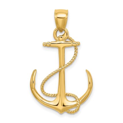 14K 3-D Polished and Textured Anchor with Rope Charm