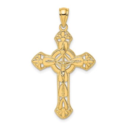 14K Textured Crucifix with Floral Tips Charm
