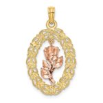 14k Two-Tone Textured Oval Frame with Dangling Rose Charm - Image 3