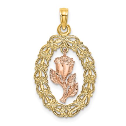 14k Two-Tone Textured Oval Frame with Dangling Rose Charm