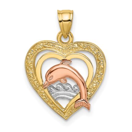 14K Two-tone with White Rhodium Dolphin In Heart Charm