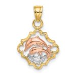 14k Two-tone with White Rhodium Double Dolphins In Frame Charm