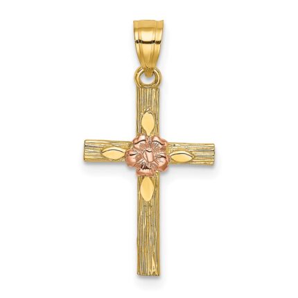 14k Two-Tone Textured Cross with Flower Charm