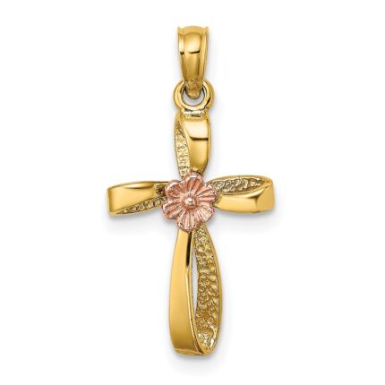 14k Two-Tone Twisted Cross with Flower Charm