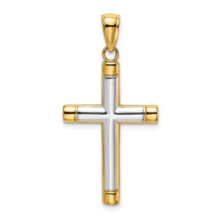 14K and White Rhodium Polished Tubular Cross Charm