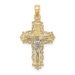14K and White Rhodium Textured Lace Trim Crucifix Charm
