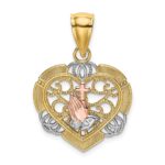 14K Two-tone and White Rhodium Praying Hands and Cross in Heart Charm