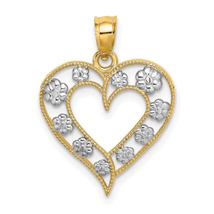 14k Two-Tone Textured Cut-Out Heart with Flowers Charm