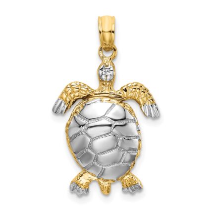 14K and White Rhodium Polished 3-D Sea Turtle with Moveable Head and Legs Charm